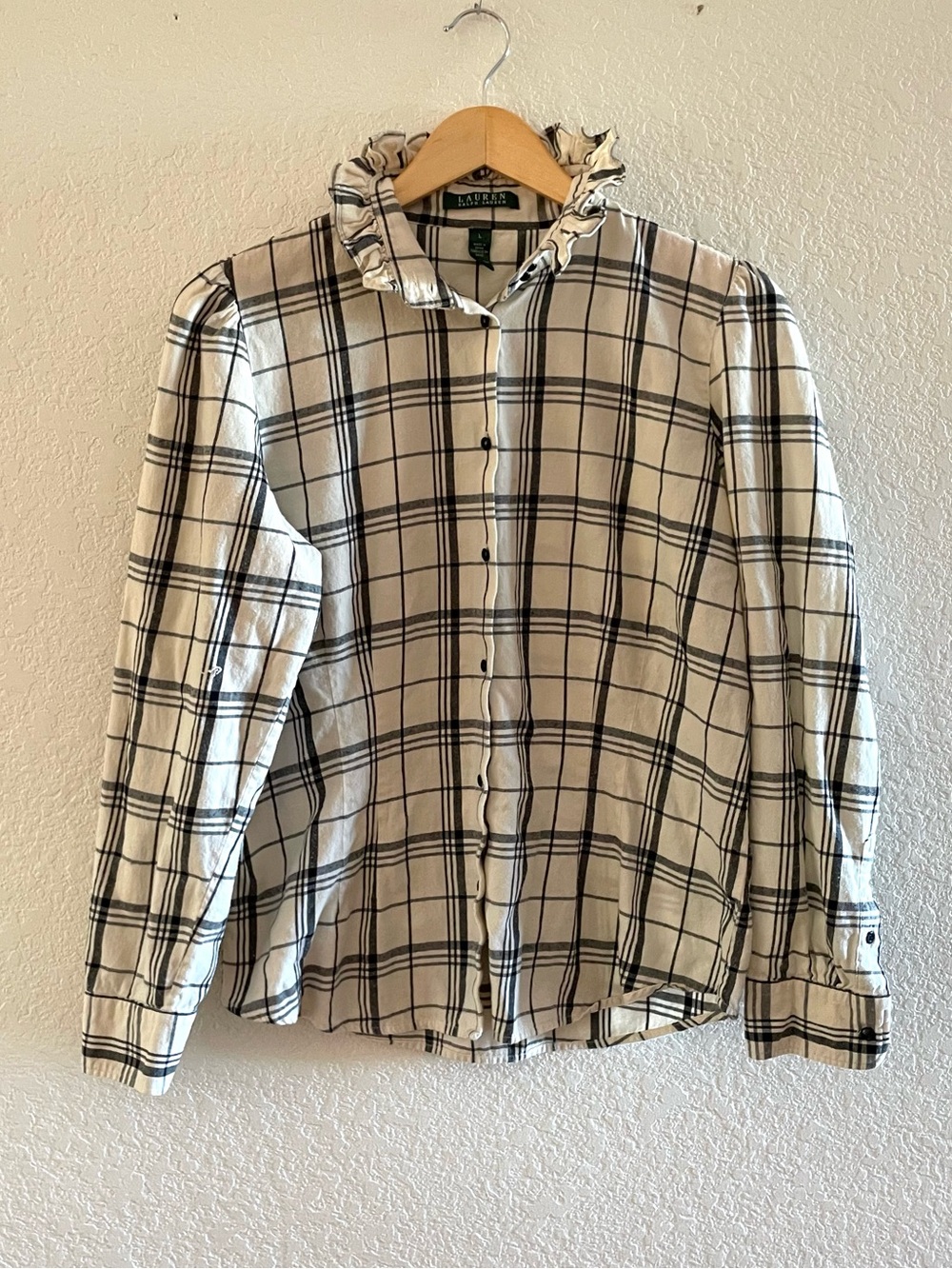 Ralph Lauren Cream and Black Plaid Ruffle-Collar Button-Down Shirt Victorian L